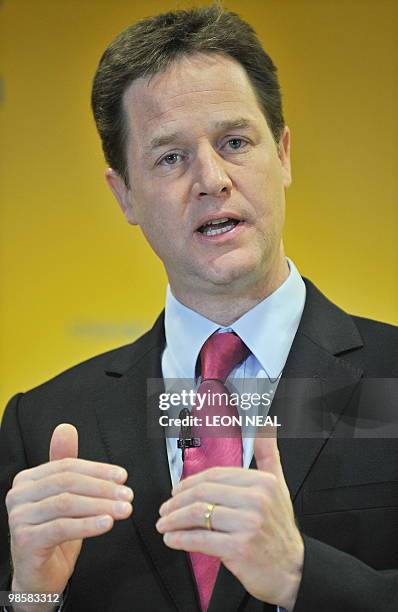 British Opposition Liberal Democrat leader Nick Clegg addresses journalists at a press conference in central London, on April 21, 2010. Britain's...
