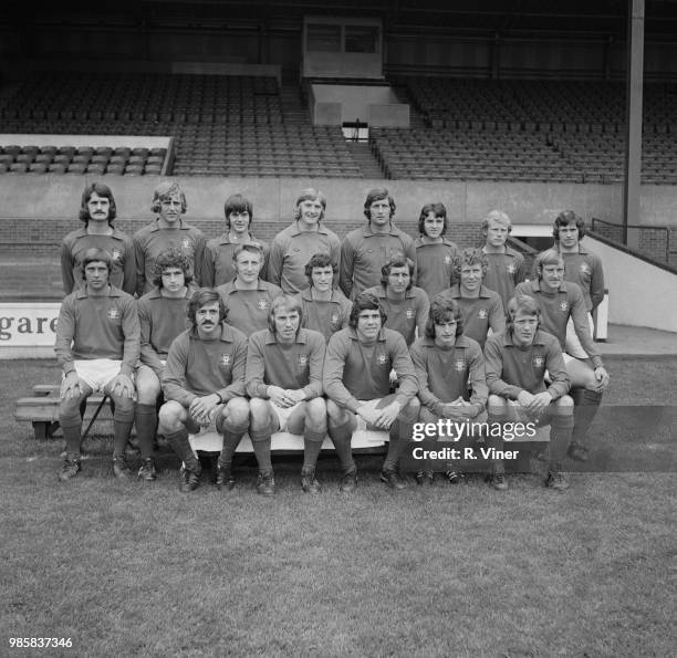 Nottingham Forest FC team squad players posed together on the pitch at City Ground stadium in Nottingham at the start of the 1972-73 football season...