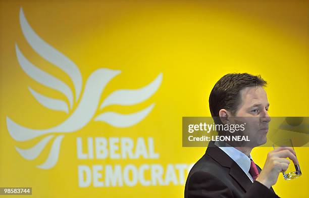 British Opposition Liberal Democrat leader Nick Clegg addresses journalists at a press conference in central London, on April 21, 2010. Britain's...