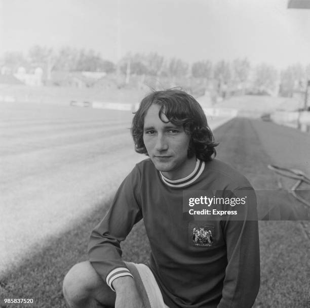 Scottish professional footballer and midfielder with Bristol City FC, Gerry Gow posed on the pitch at Ashton Gate stadium in Bristol on 18th August...