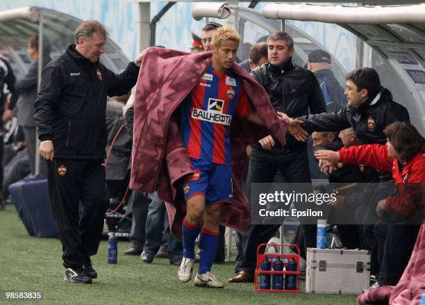 Keisuke Honda of PFC CSKA Moscow is seen during the Russian Football League Championship match between PFC CSKA Moscow and FC Lokomotiv Moscow at the...