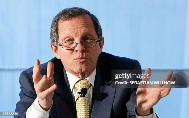 Giovanni Bisignani, the head of the International Air Transport Association , addresses a press conference on April 21, 2010 in Berlin, where ha...