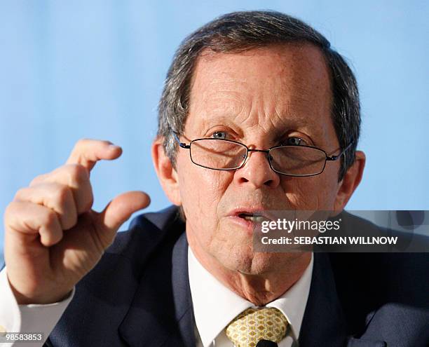 Giovanni Bisignani, the head of the International Air Transport Association , addresses a press conference on April 21, 2010 in Berlin, where ha...