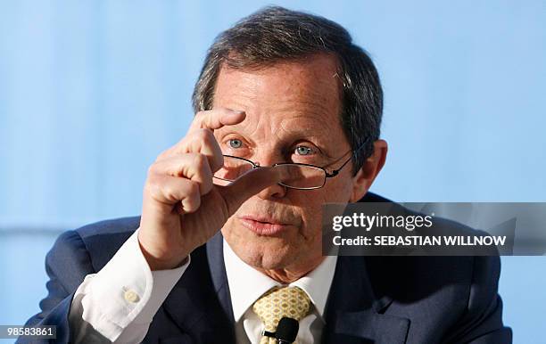 Giovanni Bisignani, the head of the International Air Transport Association , addresses a press conference on April 21, 2010 in Berlin, where ha...