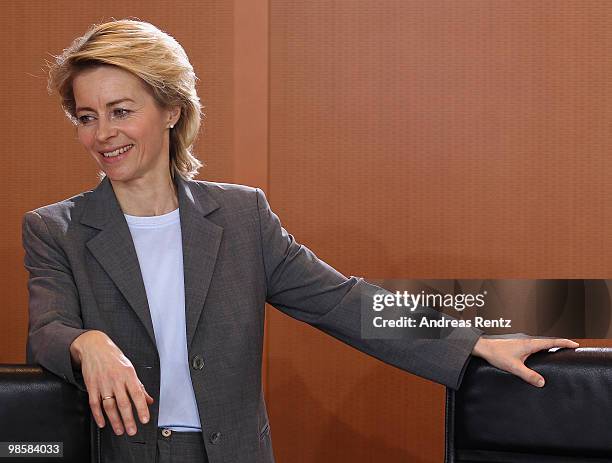 German Minister of Work and Social Issues Ursula von der Leyen attends the weekly German government cabinet meeting at the Chancellery on April 21,...