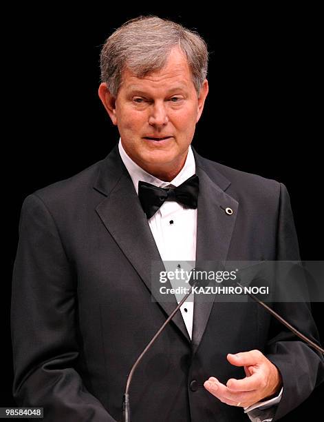 Stanford University biology professor Peter Vitousek delivers an acceptance speech after being awarded the Japan Prize at a presentation ceremony in...