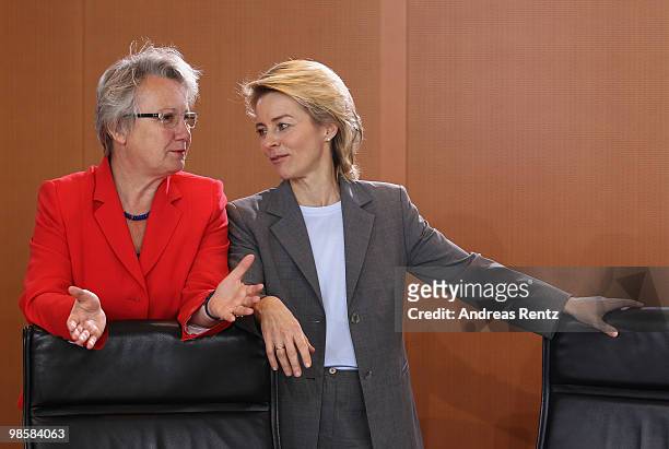 German Education Minister Annette Schavan and Minister of Work and Social Issues Ursula von der Leyen attend the weekly German government cabinet...