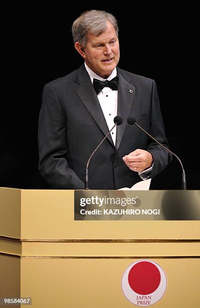 Stanford University biology professor Peter Vitousek delivers an acceptance speech after being awarded the Japan Prize at a presentation ceremony in...