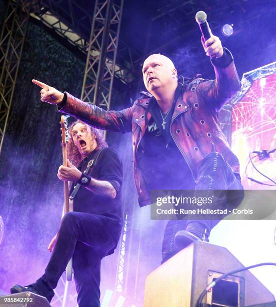 Michael Kiske and Markus Grosskopf of Helloween perform at Tons Of Rock music festival at Fredriksten Festning on June 21, 2018 in Halden, Norway. .
