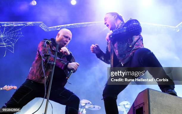 Michael Weikath and Michael Kiske of Helloween perform at Tons Of Rock music festival at Fredriksten Festning on June 21, 2018 in Halden, Norway. .