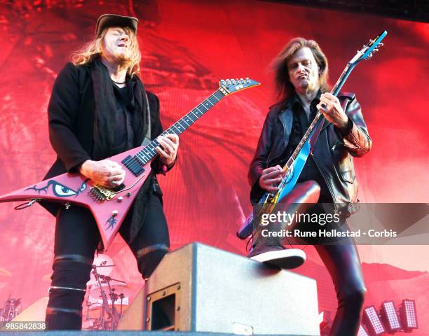 Kai Hansen and Sascha Gerstner of Helloween perform at Tons Of Rock music festival at Fredriksten Festning on June 21, 2018 in Halden, Norway. .