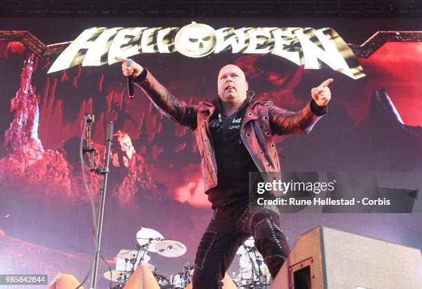 Michael Kiske of Helloween performs at Tons Of Rock music festival at Fredriksten Festning on June 21, 2018 in Halden, Norway. .