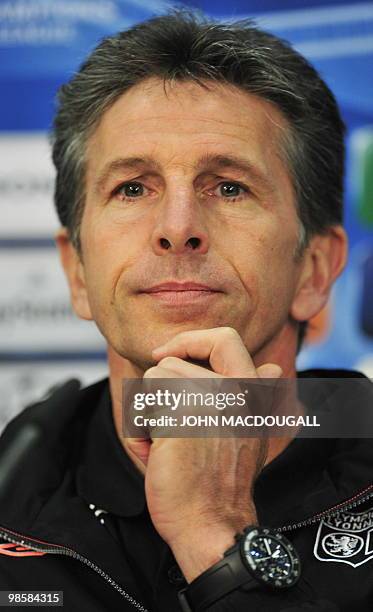 Lyon coach Claude Puel addresses a press conference at the Allianz Arena in the southern German city of Munich April 20 on the eve of the FC Bayern...