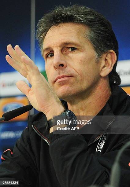 Lyon coach Claude Puel addresses a press conference at the Allianz Arena in the southern German city of Munich April 20 on the eve of the FC Bayern...