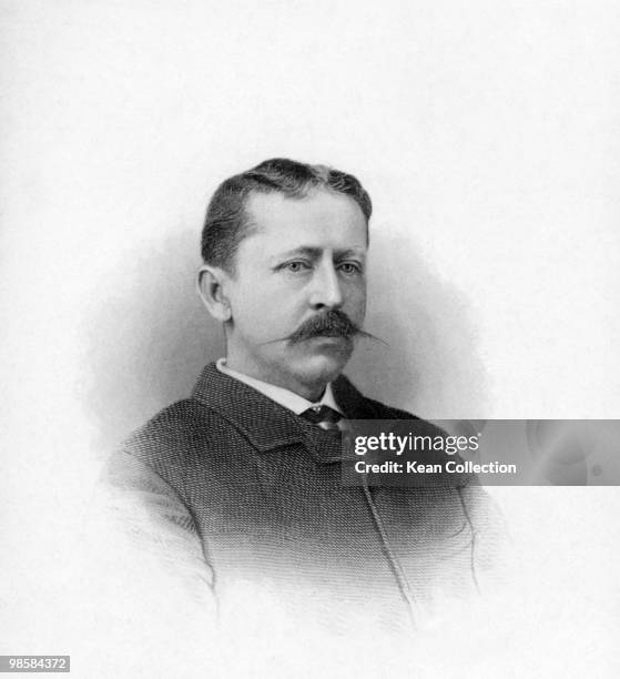An engraved portrait of American story writer Thomas Bailey Aldrich circa 1869.