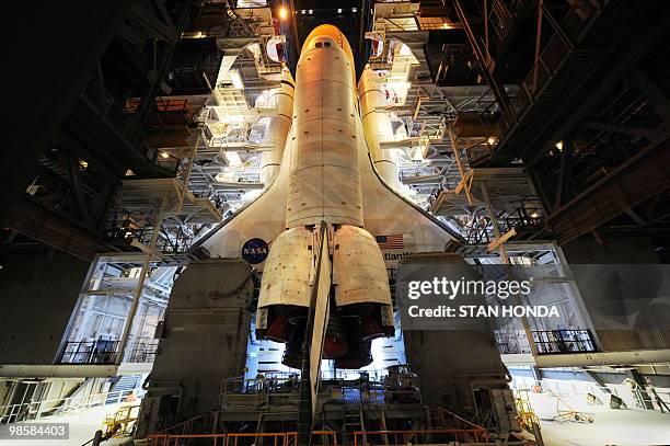 The space shuttle Atlantis stands ready in the Vehicle Assembly Building April 19, 2010 at Kennedy Space Center in Florida as NASA makes preparations...