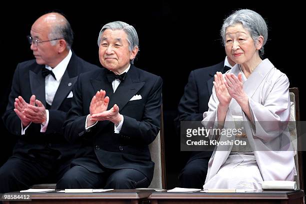 Emperor Akihito and Empress Michiko attend the Japan Prize presentation ceremony at the National Theatre of Japan on April 21, 2010 in Tokyo, Japan....
