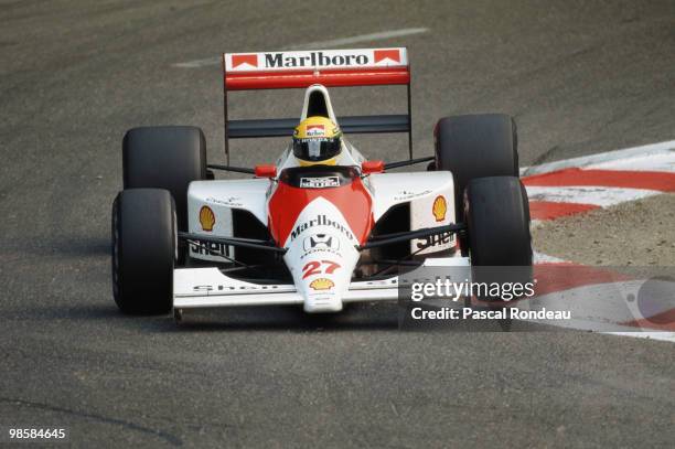 Ayrton Senna drives the Marlboro McLaren-Honda MP4/5B during the Belgian Grand Prix on 26 August 1990 at the Spa-Francorchamps circuit in Spa,...