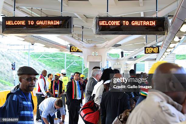 Members of the media wait to board the gautrain on April 20, 2010 in Johannesburg, South Africa. The media's on their way from Marlboro Station to...