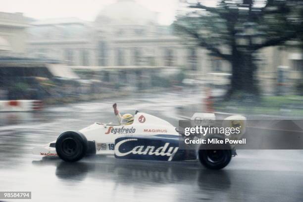 Ayrton Senna drives the Toleman-Hart TG184 in the rain to second place during the Grand Prix of Monaco on 3 June 1984 on the streets of the...