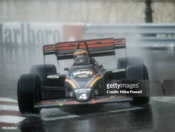 Stefan Bellof drives the Team Tyrrell-Ford 012 in the rain during the Grand Prix of Monaco on 3 June 1984 on the streets of the Principality of...