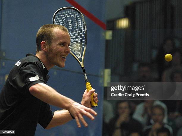 Peter Nicol of England in action during his match with David Palmer of Australia in the final of the Halifax Equitable Super Squash Finals at the...