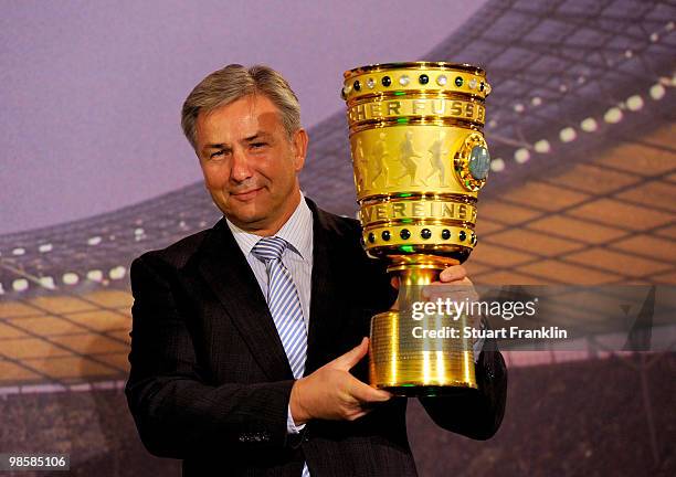 Klaus Wowereit, mayor of Berlin holds the cup during the DFB cup handover at the city hall on April 21, 2010 in Berlin, Germany.