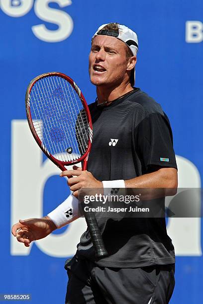 Lleyton Hewitt of Australia reacts during his match against Eduardo Schwank of Argentina on day three of the ATP 500 World Tour Barcelona Open Banco...