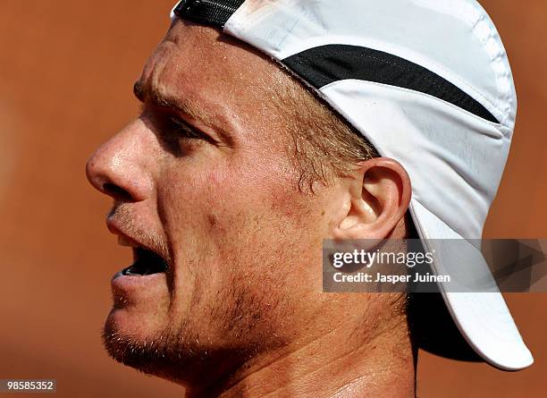 Lleyton Hewitt of Australia reacts during his match against Eduardo Schwank of Argentina on day three of the ATP 500 World Tour Barcelona Open Banco...