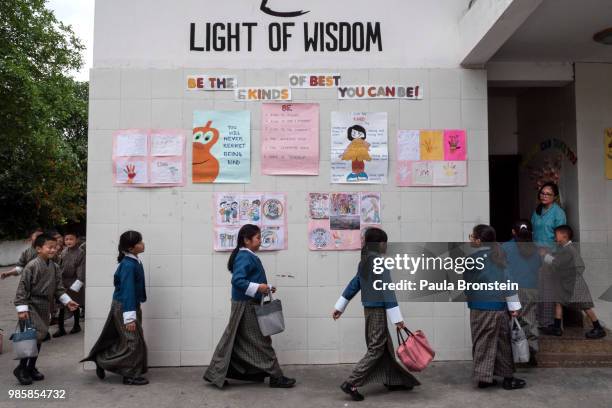 At the Thimphu Primary private school english signs are seen on the walls to promote the spirit of education as students head to class on June 12, in...