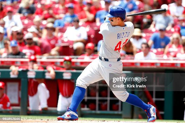 Anthony Rizzo of the Chicago Cubs takes an at bat during the game against the Cincinnati Reds at Great American Ball Park on June 24, 2018 in...