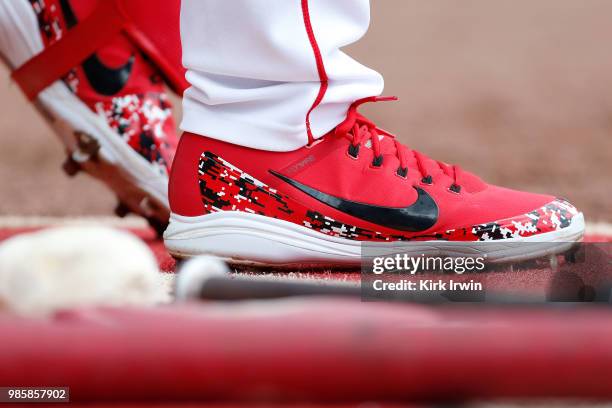 Detail of the Nike baseball cleats worn by Eugenio Suarez of the Cincinnati Reds during the game against the Chicago Cubs at Great American Ball Park...