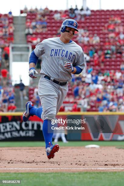 Anthony Rizzo of the Chicago Cubs runs the bases after hitting a home run during the game against the Cincinnati Reds at Great American Ball Park on...