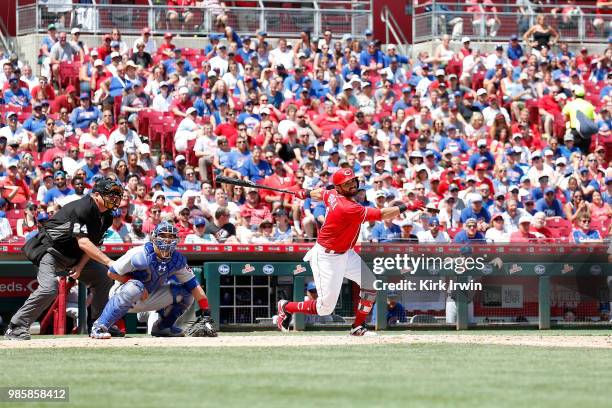 Jose Peraza of the Cincinnati Reds takes an at bat during the game against the Chicago Cubs at Great American Ball Park on June 24, 2018 in...