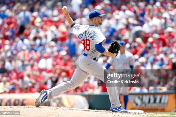 Mike Montgomery of the Chicago Cubs throws a pitch during the game against the Cincinnati Reds at Great American Ball Park on June 24, 2018 in...