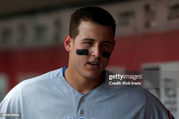 Anthony Rizzo of the Chicago Cubs walks through the dugout during the game against the Cincinnati Reds at Great American Ball Park on June 24, 2018...