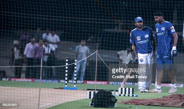 Sachin Tendulkar and Harbhajan Singh at a practice session a day before the IPL semi-final match between Mumbai Indians and Royal Challengers...