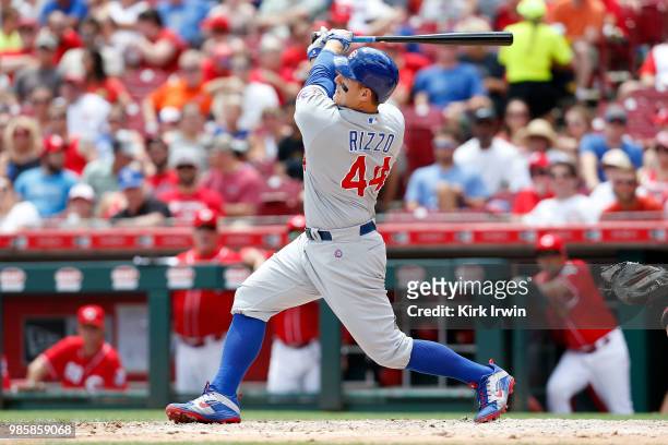 Anthony Rizzo of the Chicago Cubs hits the ball during the game against the Cincinnati Reds at Great American Ball Park on June 24, 2018 in...