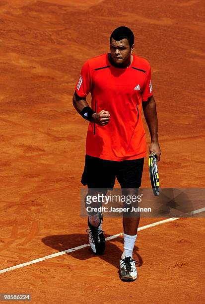 Jo-Wilfried Tsonga of France clenches his fist as he celebrates a point over Jan Hajek of the Czech Republic on day three of the ATP 500 World Tour...