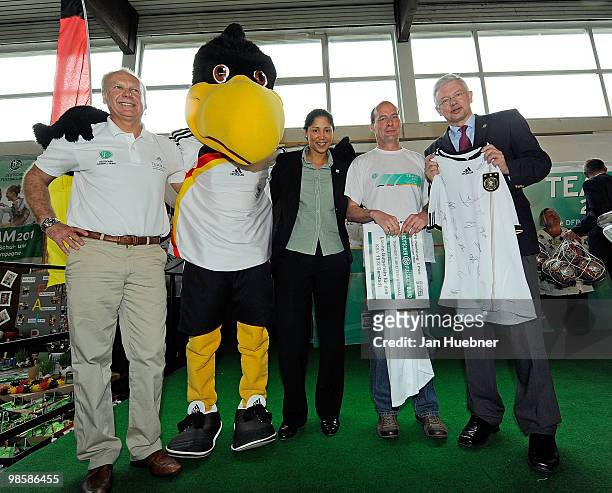 Host Wolfgang Staab, mascot Paule, President of the Organising Committee Germany of the FIFA Women's World Cup 2011 Steffi Jones, president of KSV...