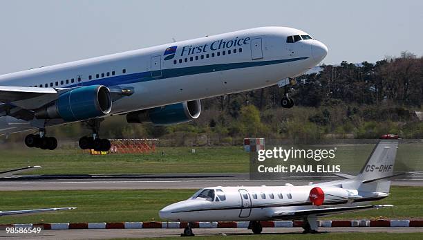 First Choice Airways Boeing 767-35E/ER passenger jet takes off from Manchester Airport in Manchester, north-west England on April 21, 2010. Europe's...