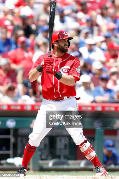 Jose Peraza of the Cincinnati Reds takes an at bat during the game against the Chicago Cubs at Great American Ball Park on June 24, 2018 in...