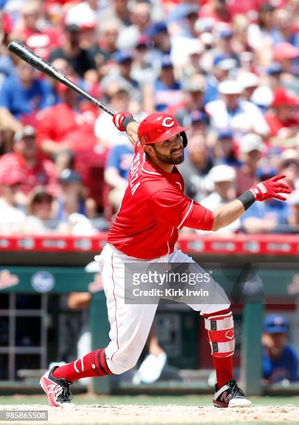 Jose Peraza of the Cincinnati Reds takes an at bat during the game against the Chicago Cubs at Great American Ball Park on June 24, 2018 in...