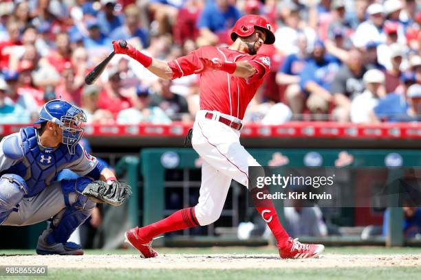 Billy Hamilton of the Cincinnati Reds takes an at bat during the game against the Chicago Cubs at Great American Ball Park on June 24, 2018 in...