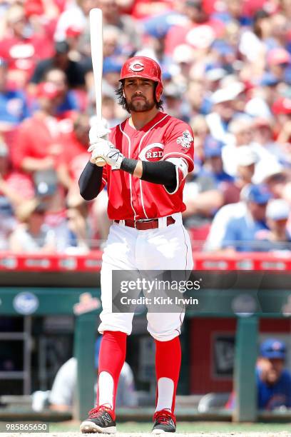 Alex Blandino of the Cincinnati Reds takes an at bat during the game against the Chicago Cubs at Great American Ball Park on June 24, 2018 in...