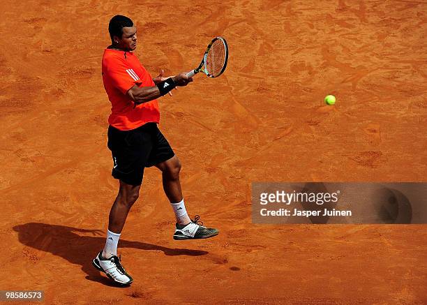 Jo-Wilfried Tsonga of France plays a forehand to Jan Hajek of the Czech Republic on day three of the ATP 500 World Tour Barcelona Open Banco Sabadell...