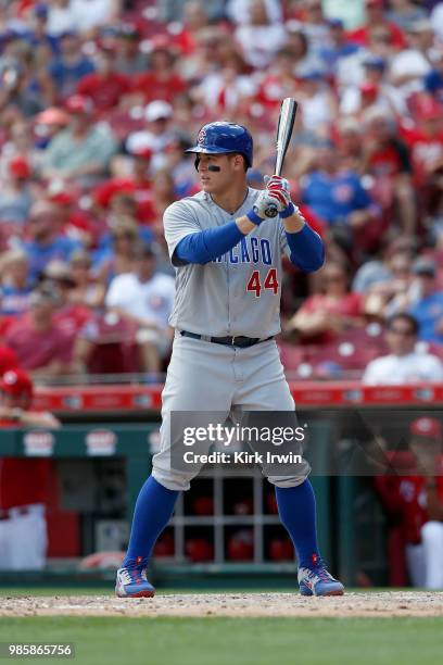 Anthony Rizzo of the Chicago Cubs takes an at bat during the game against the Cincinnati Reds at Great American Ball Park on June 24, 2018 in...