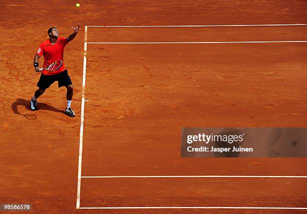 Jo-Wilfried Tsonga of France serves the ball to Jan Hajek of the Czech Republic on day three of the ATP 500 World Tour Barcelona Open Banco Sabadell...