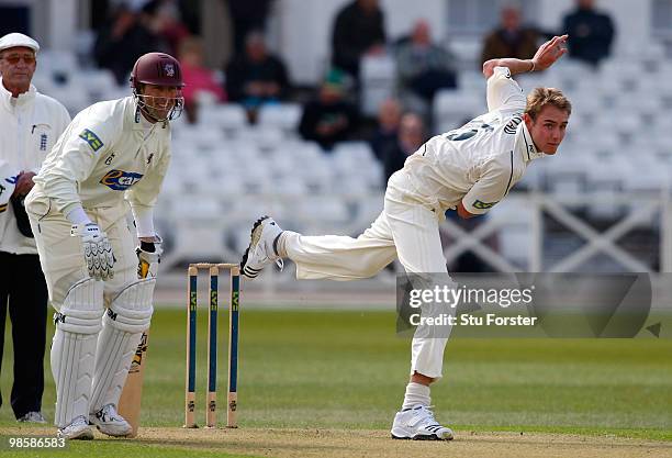 Notts bowler Stuart Broad in action as Somerset batsman Marcus Trescothick looks on during day one of the LV County Championship Division one match...