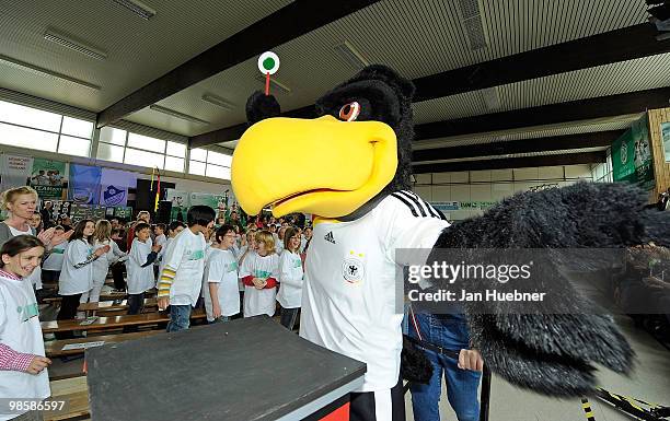 German Football Association mascot Paule visits the primary school Jim Knopf Woelfersheim on April 21, 2010 in Bad Nauheim, Germany.